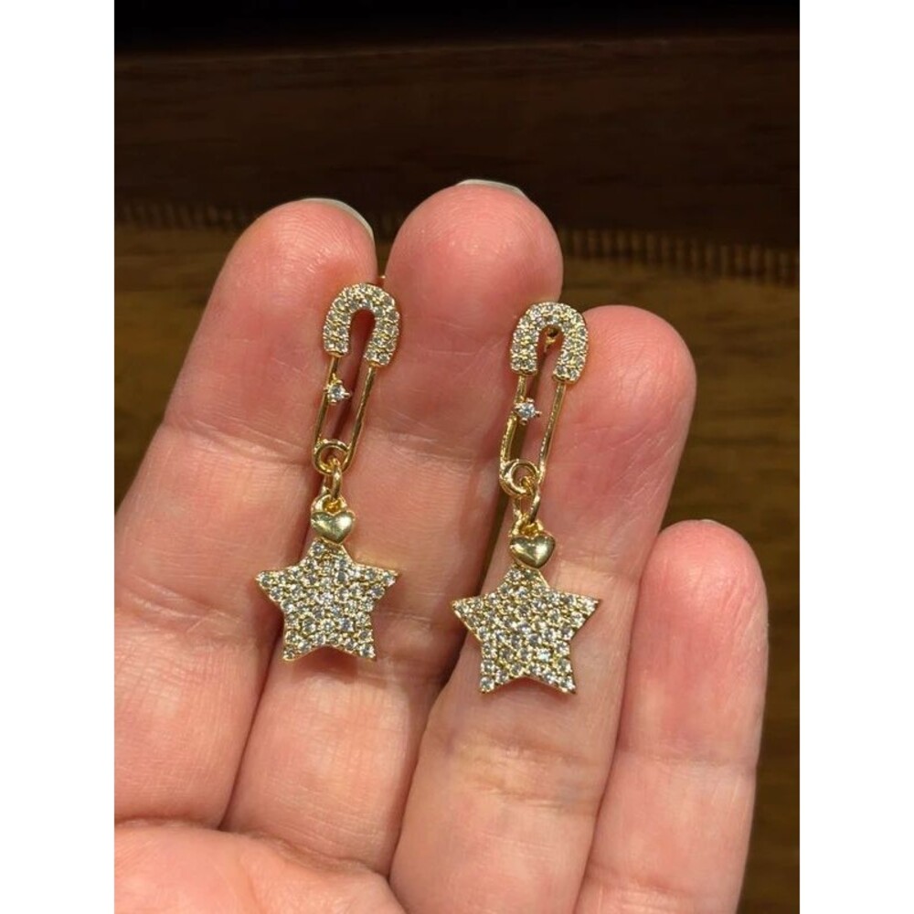 J2 Safety Pin Star Dangle Earrings Gold Pave Cubic Zirconia Charms Punk Y2K